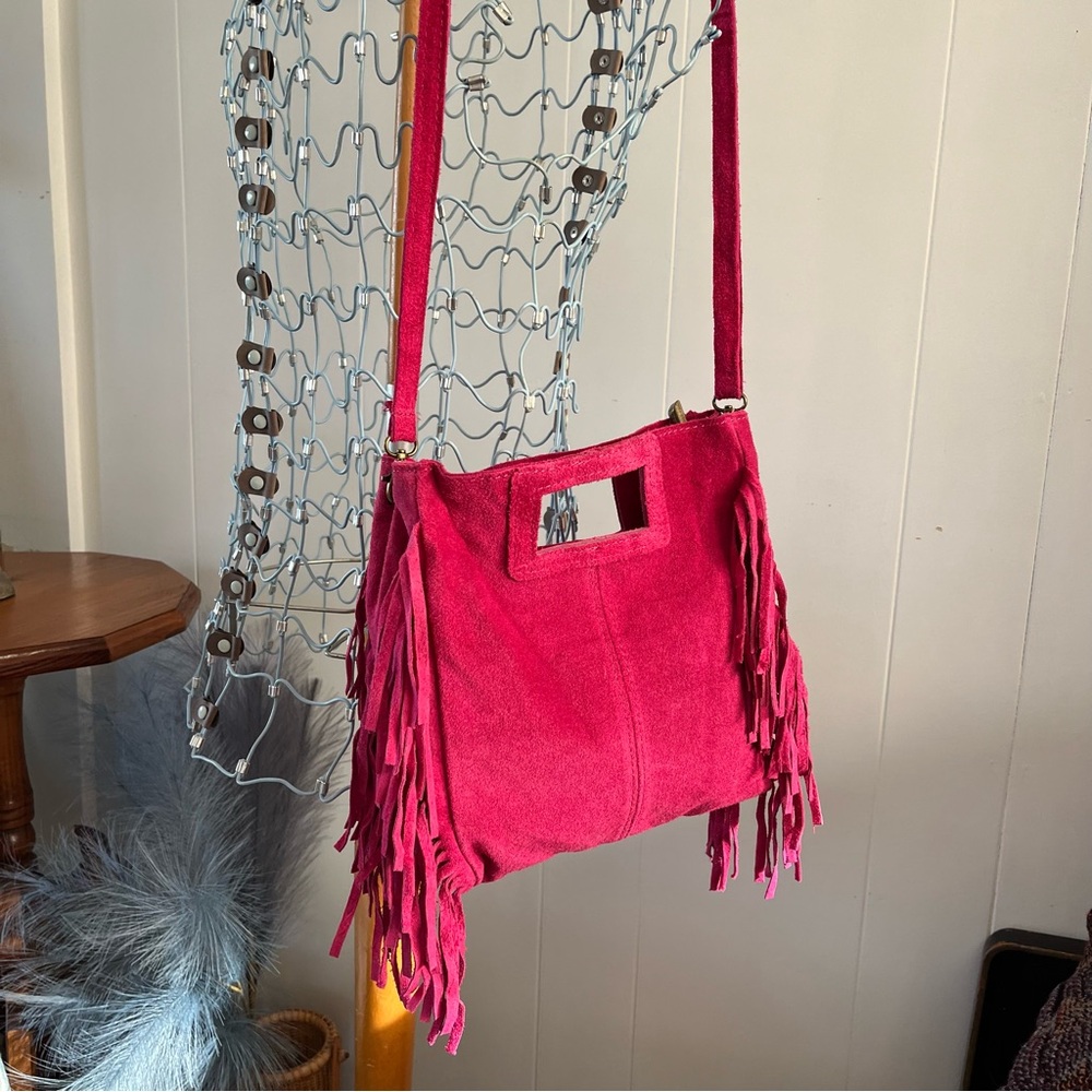 Debbie Katz Italy Crissy Fuchsia Suede Boho Fringe Pink Bag Crossbody Leather